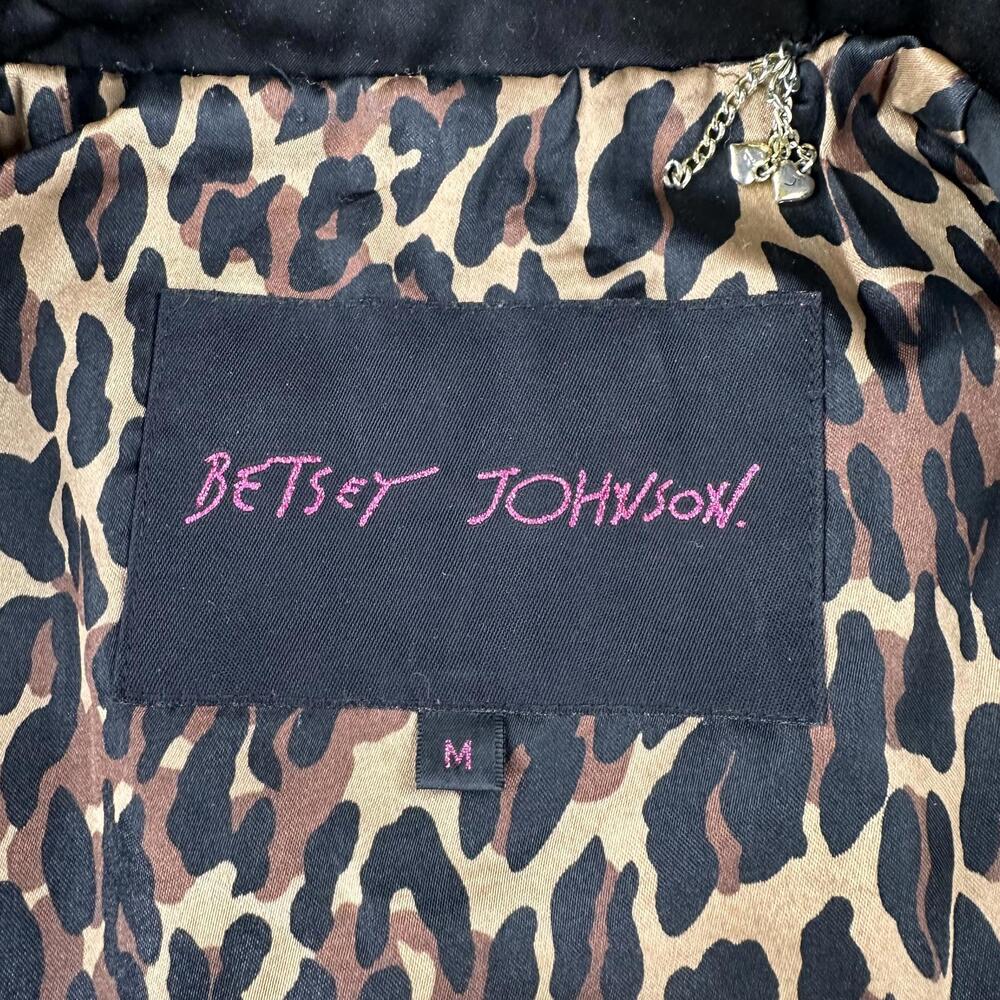 Betsy Johnson Trench Coat Womens Black Shiny Whimsigoth Pea Club Cheetah Lined - Picture 5 of 10